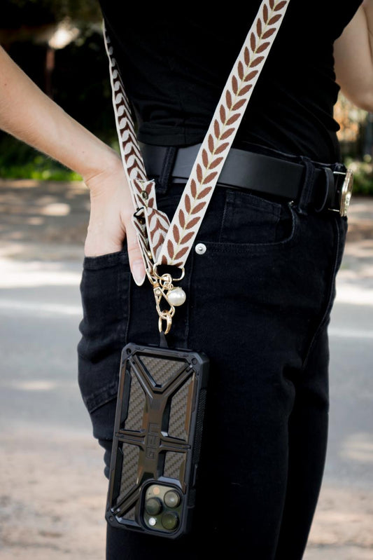 Pearl Decorated Brown Phone Strap